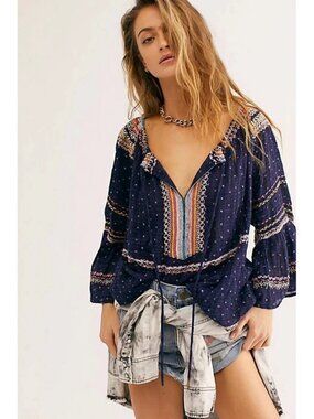 Free People Talia Embroidered Blouse Top Multicolored Printed S
